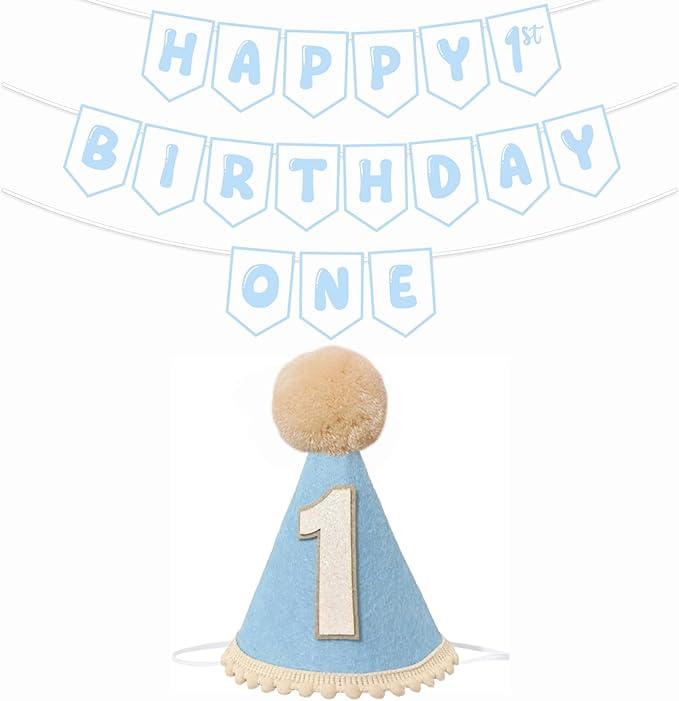 First Birthday Decorations for Boy Blue One Birthday Hat and Pre