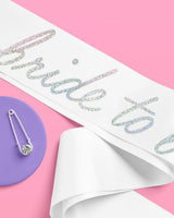 xo, Fetti White Satin Bride to Be Sash, Iridescent Foil | Bachelorette