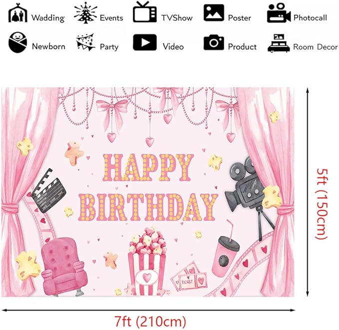7x5ft Movie Theme Birthday Backdrop Girl Happy Birthday Party