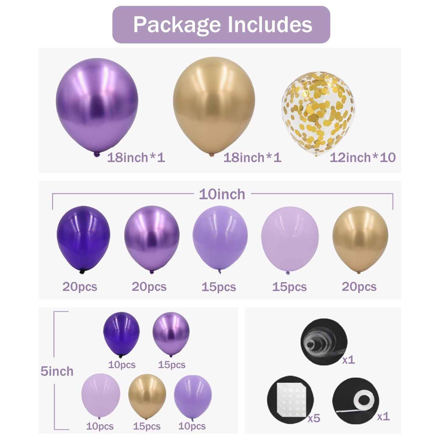 Purple Balloon Garland Arch Kit, 162pcs Dark Purple Lavender Light