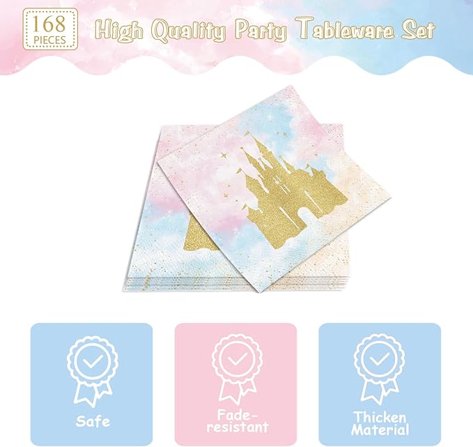 168pcs Princess Party Decorations Castle Paper Plates Napkins