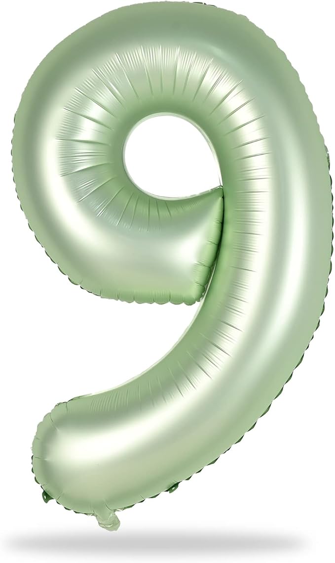 40'' Sage Green Number 9 Balloon, Self Inflating Foil Number Balloons