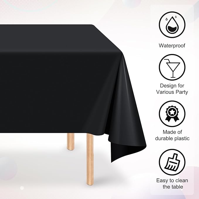 16 Pack Black Plastic Tablecloth for Rectangle Tables, Premium