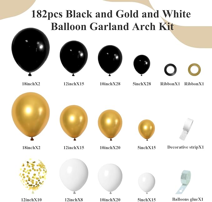 182pcs Black and Gold Balloons Garland Arch Kit, 5 10 12 18 inch