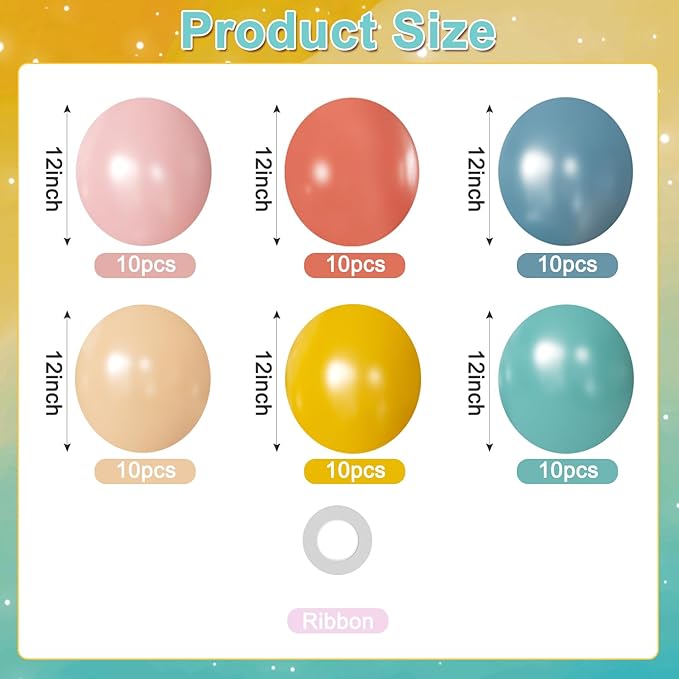 Retro Blue Pink Yellow Balloons, 60Pcs 12Inch Dusty Blue Pink Mustard