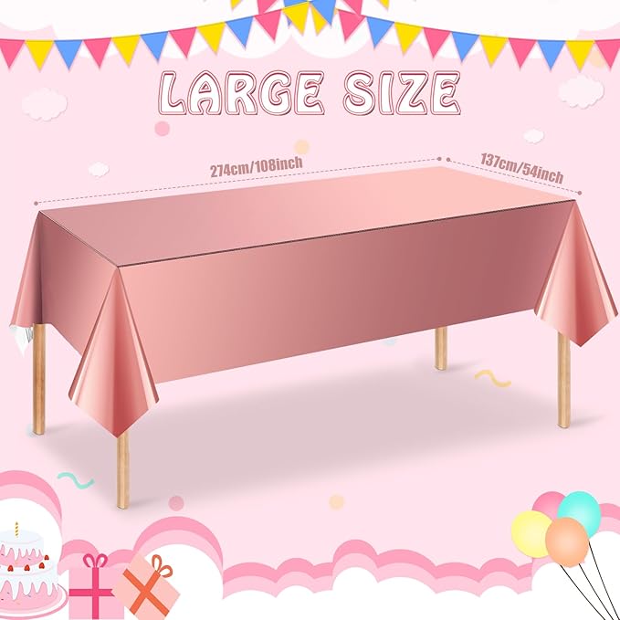 3 Pack Rose Gold Plastic Tablecloth, Dusty Pink Disposable Rectangle