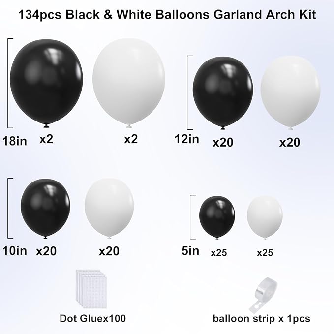 YMSZ Black and White Balloons Garland Arch Kit, 134pcs White Balloon
