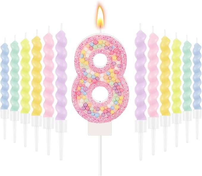 MTLEE Number 8 Birthday Candle with 12 Pcs Spiral Candles for Girls Ma