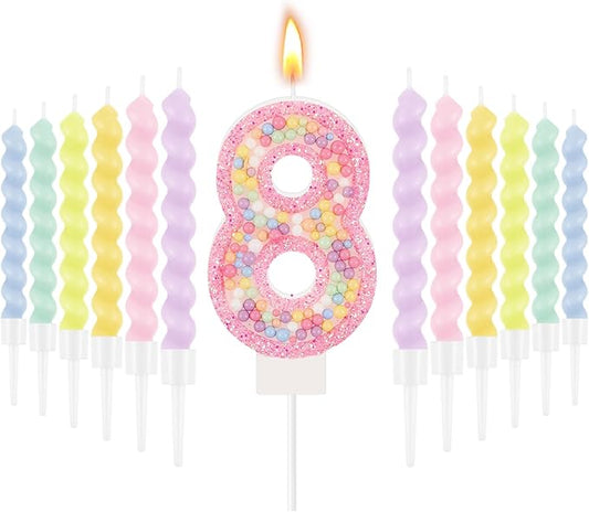 MTLEE Number 8 Birthday Candle with 12 Pcs Spiral Candles for Girls Ma