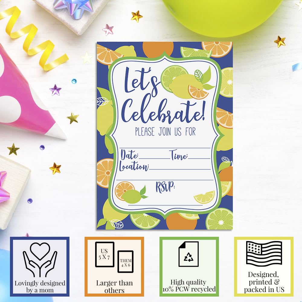 Amanda Creation Citrus Themed Summer Party Invitations, 20 5x7 Fill-In