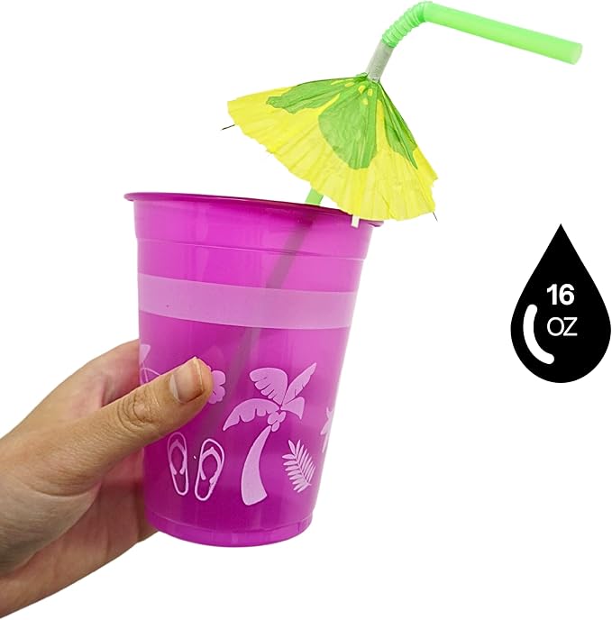 4E's Novelty 48 Packs Tropical Party Cups with Parasol Straws