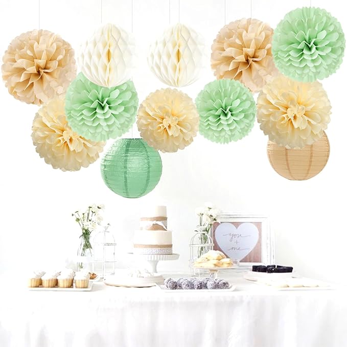 Sage Green Boho Party Decorations Paper Flowers Lanterns