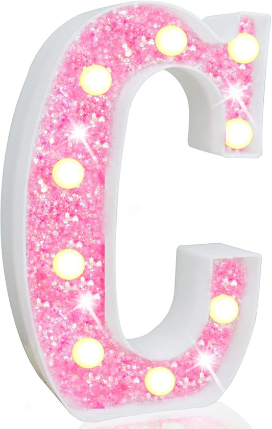 Pooqla LED Marquee Letter Lights, Pink Glitter Alphabet Sign Battery