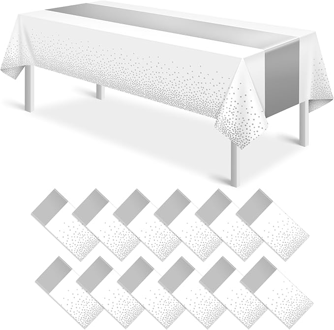 MASHAN 12Pcs White Silver Tablecloth Party Decorations,Plastic White