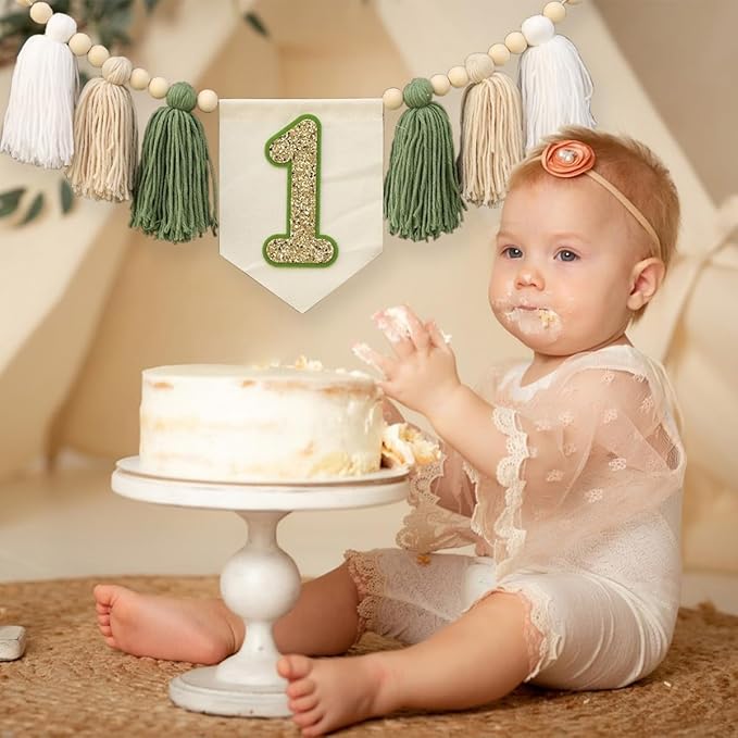 Wild One 1st Green White Highchair Banner Handmade Wood Bead Tassel