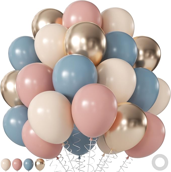 Gender Reveal Balloons, 60Pcs 12Inch Dusty Pink Blue White Gold