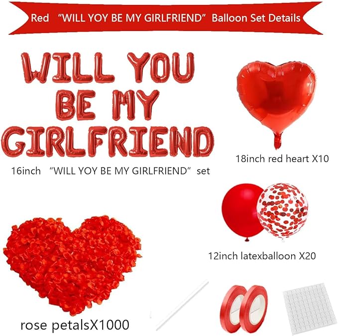 Letter Balloons - Will You Be My Girlfriend 18“ Red Heart Foil