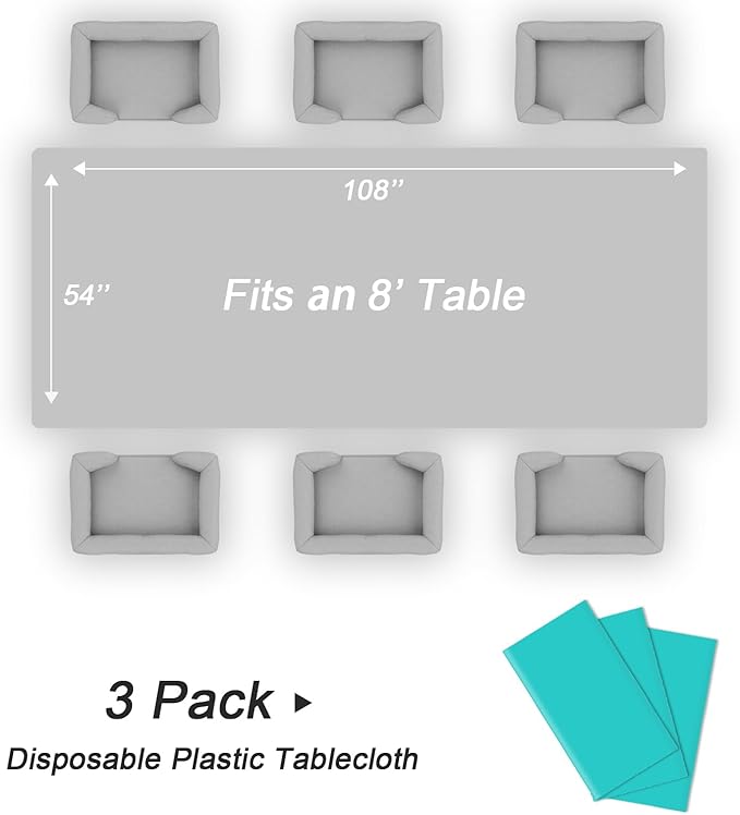 QIKSION Teal Plastic Table Cloth Disposable 3 Pack, 54 x 108 Inch