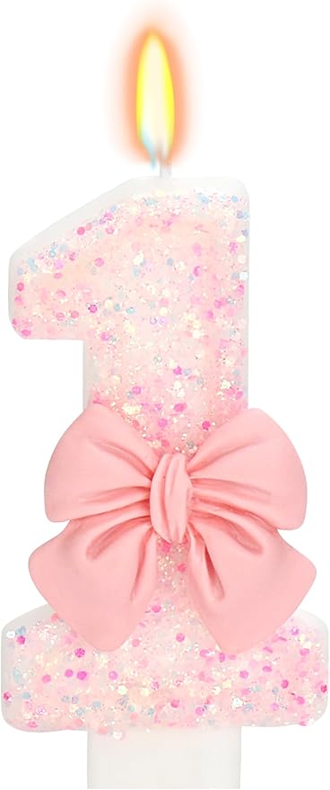 Birthday Candle for Cake, 1 Candle - Pink Glitter with Bowknot, 2.76