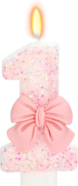 Birthday Candle for Cake, 1 Candle - Pink Glitter with Bowknot, 2.76