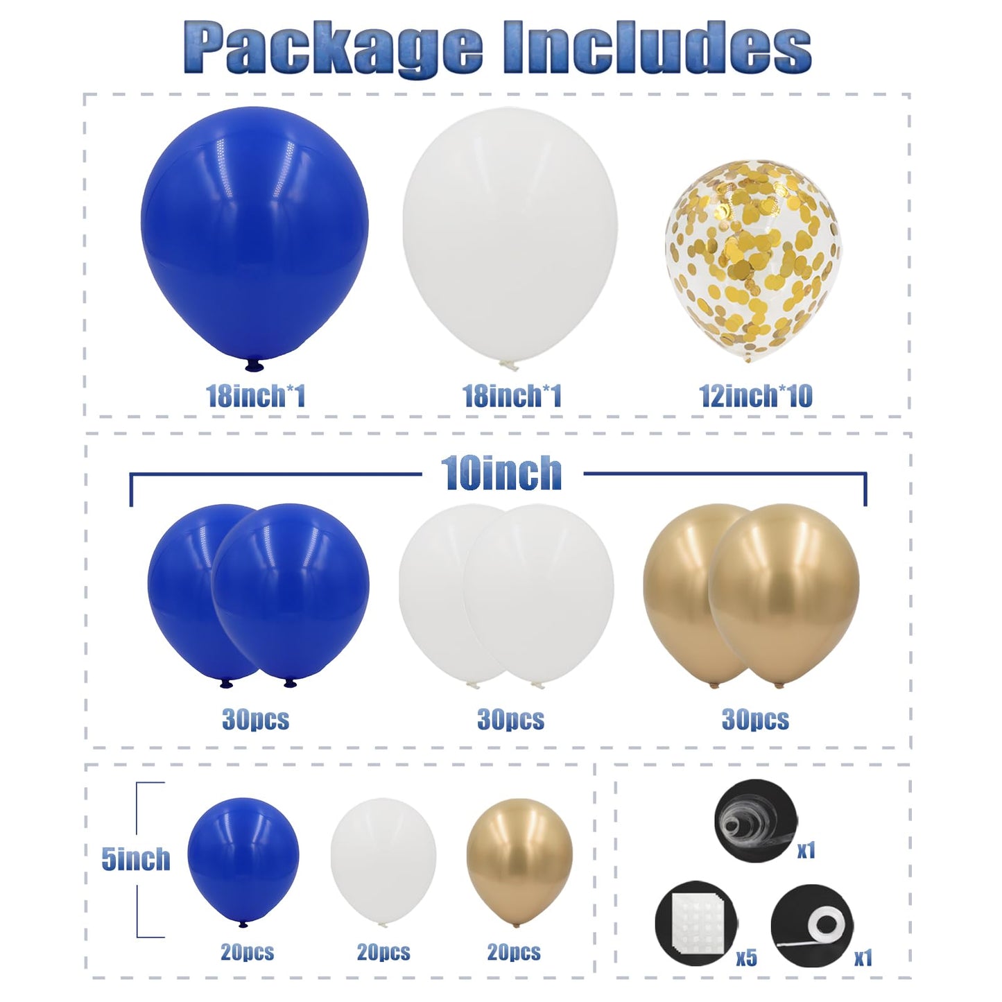 Royal Blue and Gold Balloons Garland Arch Kit, 162pcs Royal Blue White