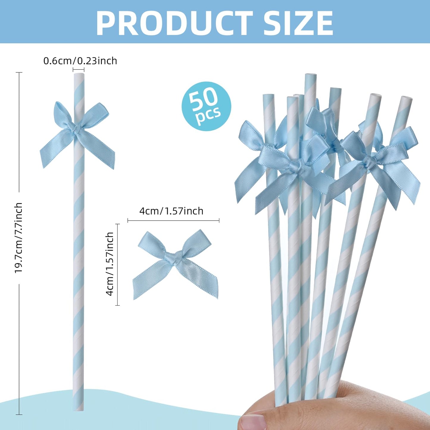 Nicime 50pcs Blue Bow Straw, 7.7inch Biodegradable Cute Girly Paper