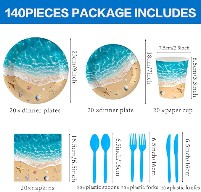 140Pcs Beach Party Supplies Ocean Waves Tableware Set Summer Beach