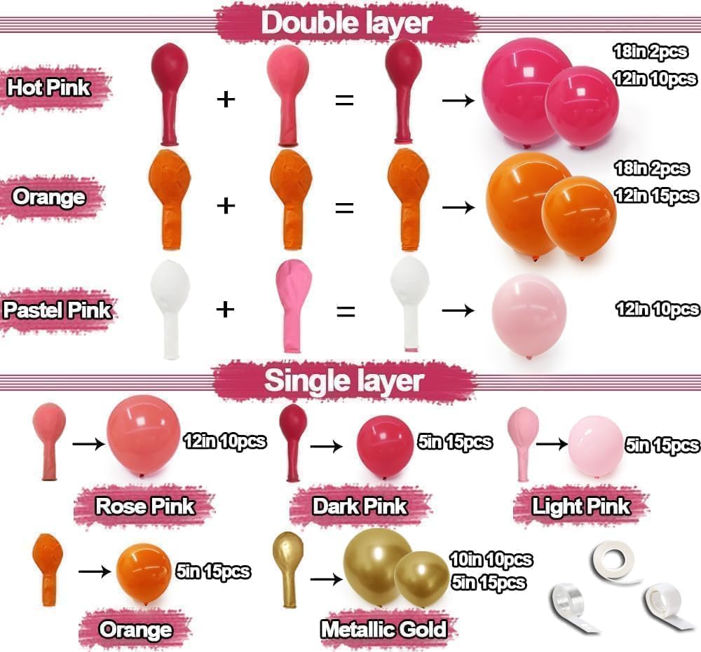 Pink Orange Balloon Garland Double Stuffed Hot Pink Orange Gold