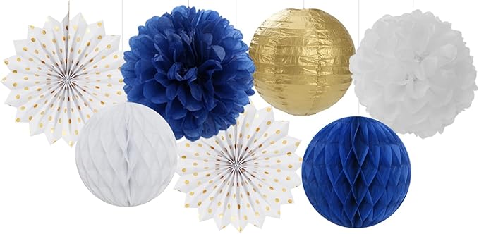 Navy-Blue White Gold Party Decorations - 14pcs Kits Paper Lanterns