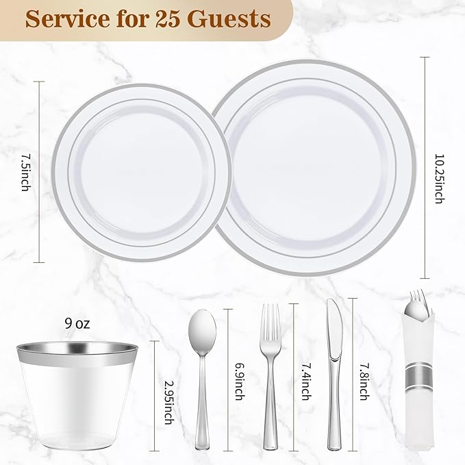 BESTVIP 175PCS Silver Plastic Dinnerware Set, Disposable Party Plates