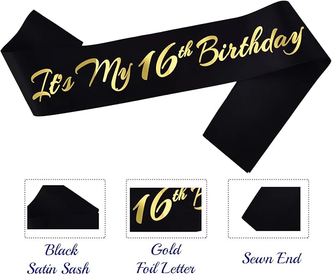 It's My 16th Birthday Sash, Black Gold Birthday Sash for 16th Bday