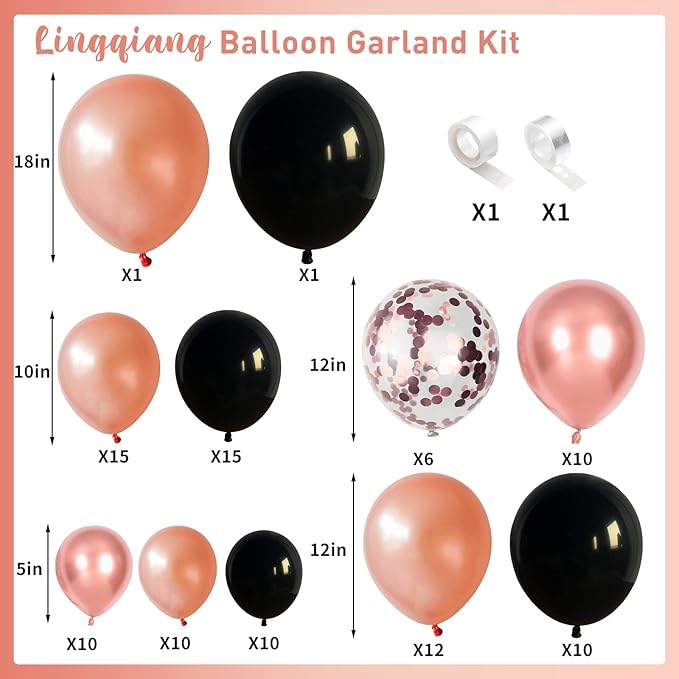 Rose Gold and Black Balloon Arch Kit 102pcs Matte Black and Metallic