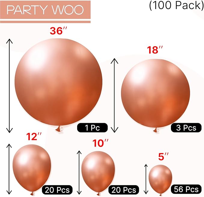 PartyWoo Rose Gold Balloons 100 pcs Different Sizes of 36 18 12 10 5