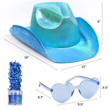 Funcredible Blue Cowboy Hat and Glasses - Blue Sparkly Holographic