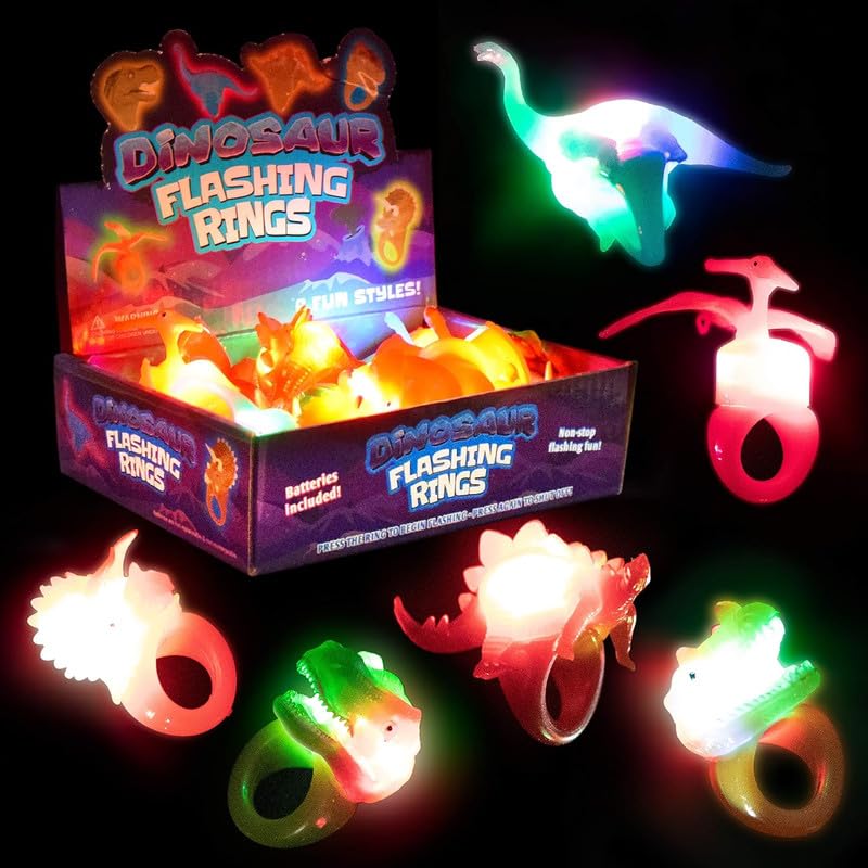 Kangaroo 12 Pack Dinosaur LED Light up Rings Bulk - Flashing Colorful