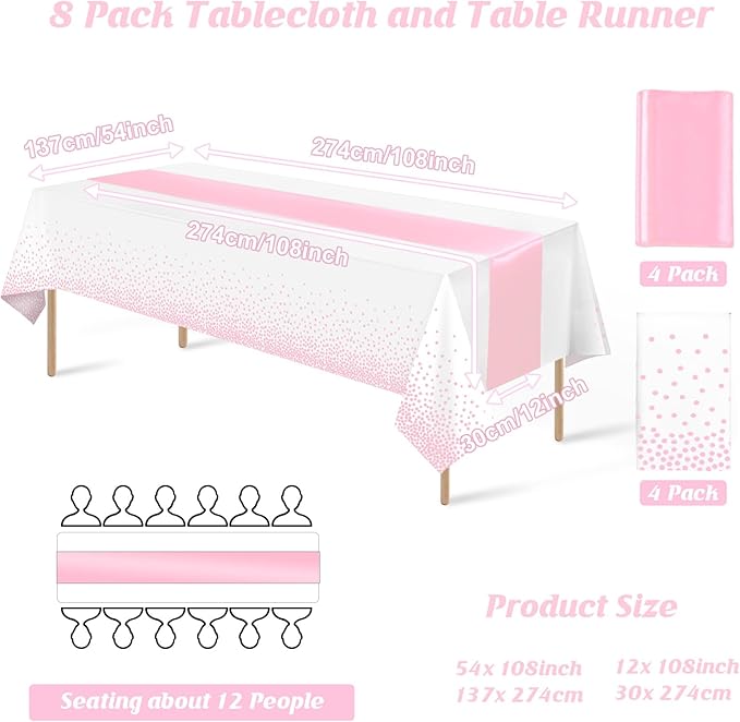 8Pack Disposable Plastic Tablecloths and Satin Table Runner Set White