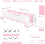 8Pack Disposable Plastic Tablecloths and Satin Table Runner Set White