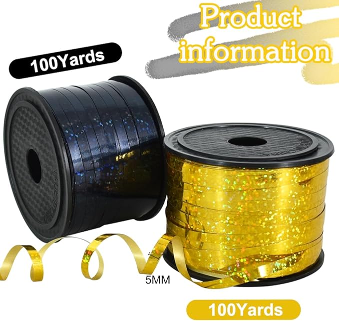 BEISHIDA 2 Pack 100 Yards Black Gold Curling Crimped Glitter Ribbon