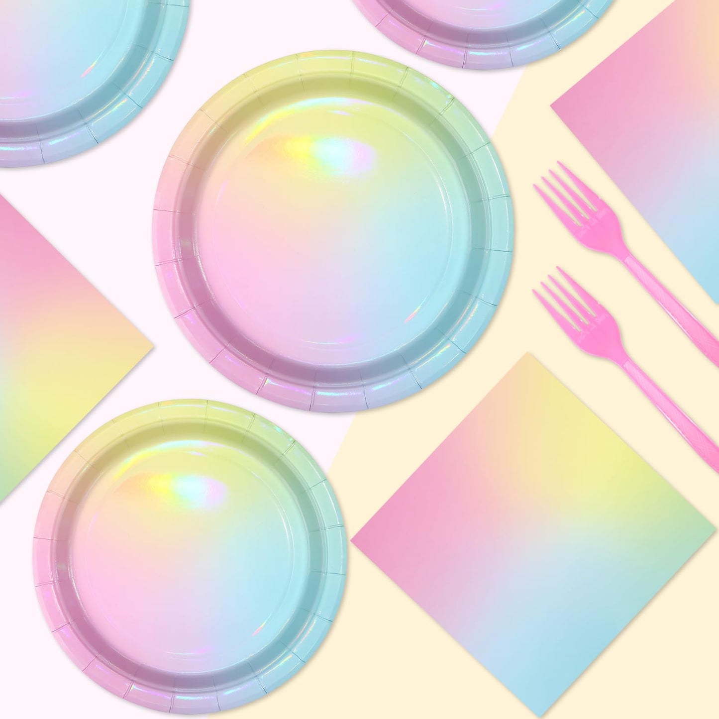 96Pcs Pastel Rainbow Birthday Party Supplies Iridescent Pastel Plates