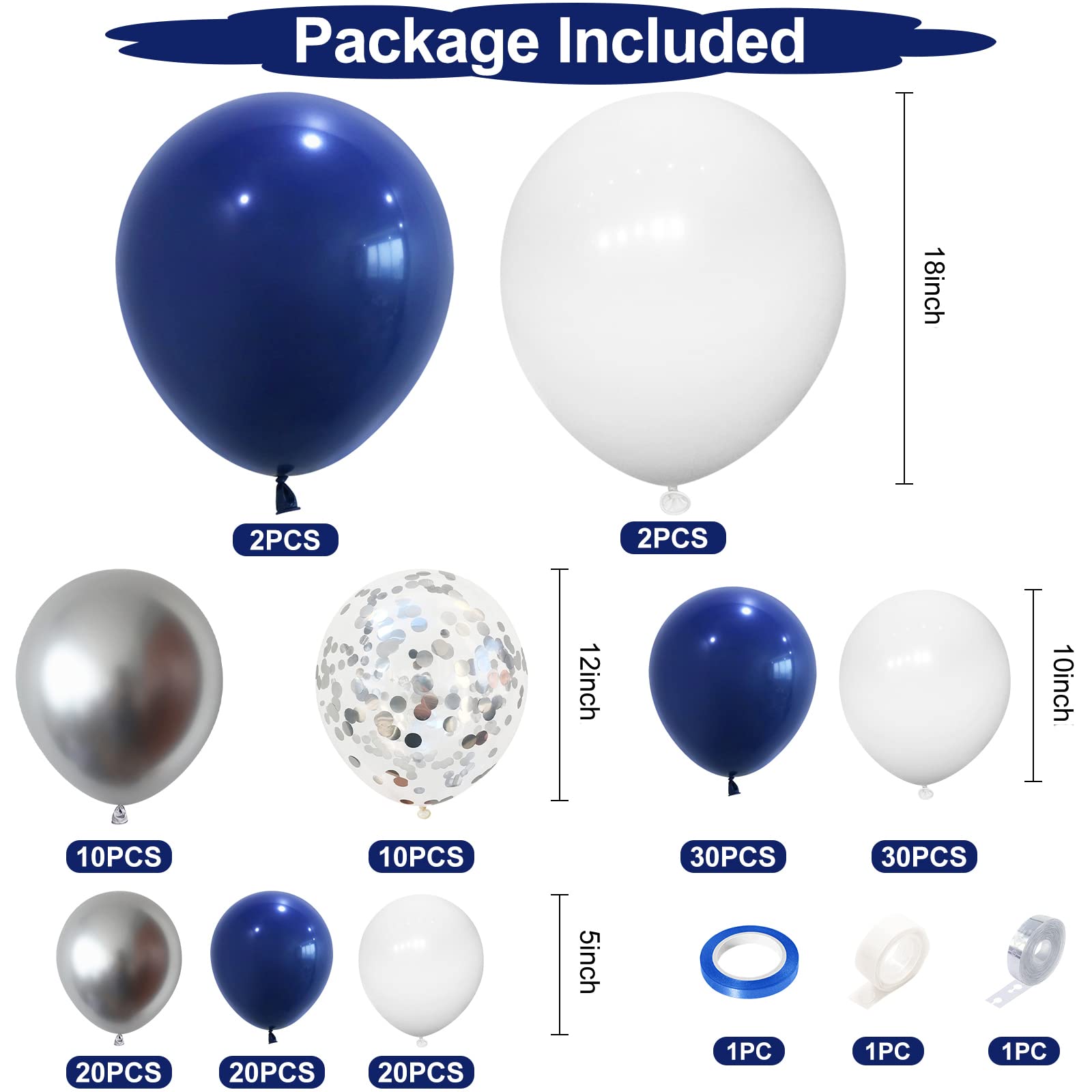 144PCS Navy Blue Silver Balloons Garland Kit, 18 12 10 5 inch Blue
