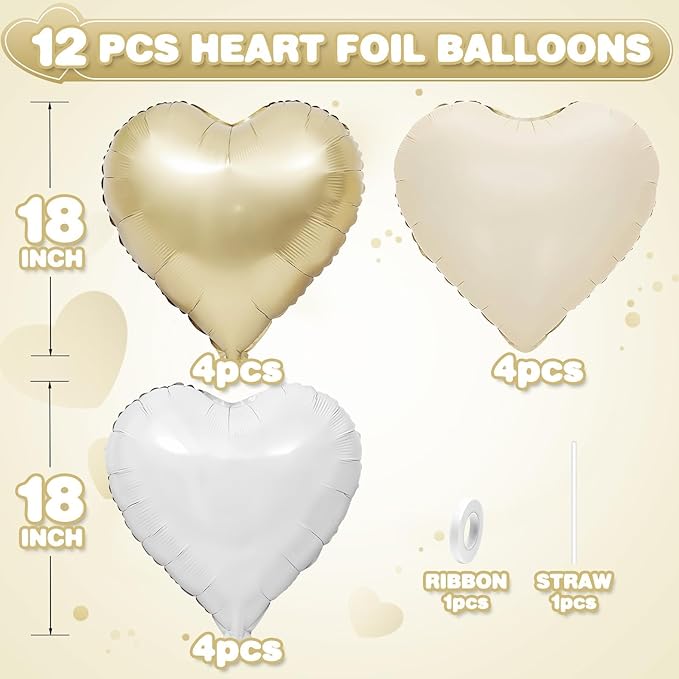 Cream White Heart Balloons,12Pcs Sand White Gold Heart Shaped Foil