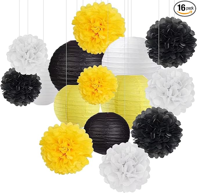 KAXIXI 15 Pcs Yellow Black White Party Decorations - Hanging Paper