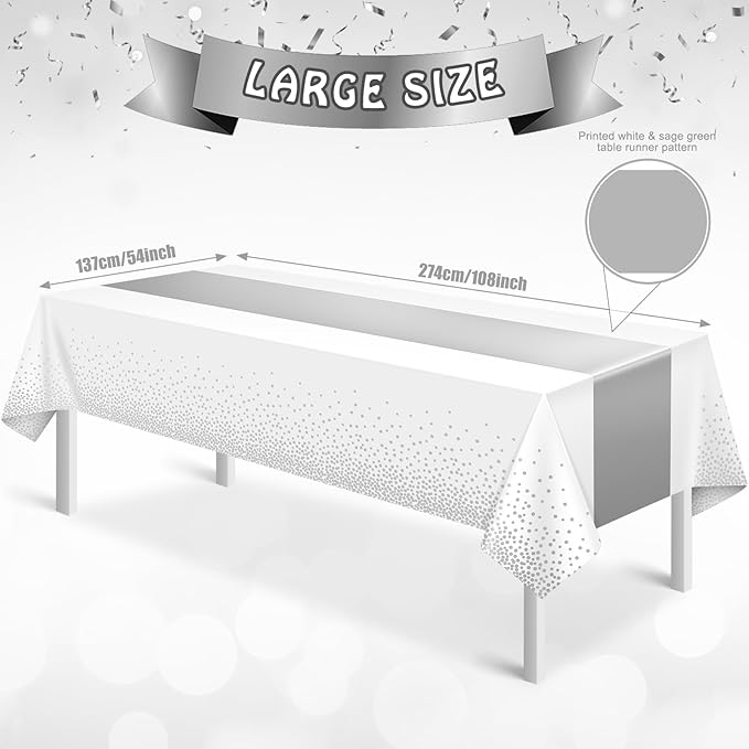 MASHAN 12Pcs White Silver Tablecloth Party Decorations,Plastic White