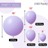 PartyWoo Lavender Balloons 140pcs Different Sizes Pack of 18 12 10 5