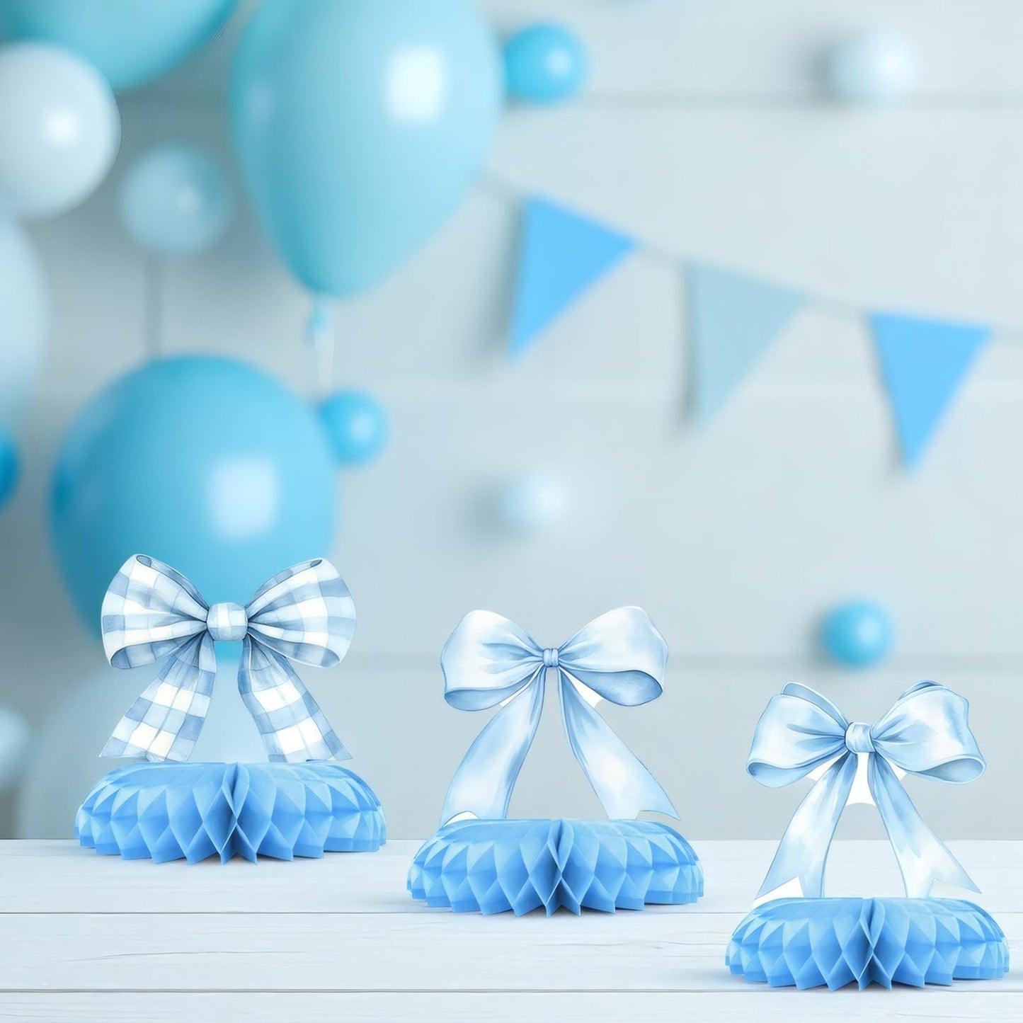 Blue Bow Baby Shower Centerpieces – 12PCS Coquette Honeycomb Table