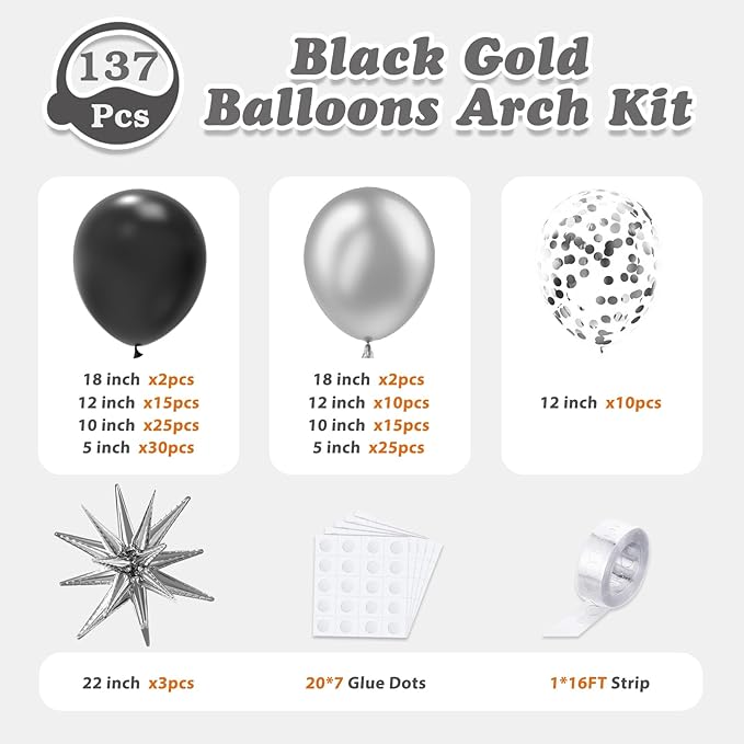 137Pcs Black and Silver Balloons Garland Arch Kit with Stars - 5 10