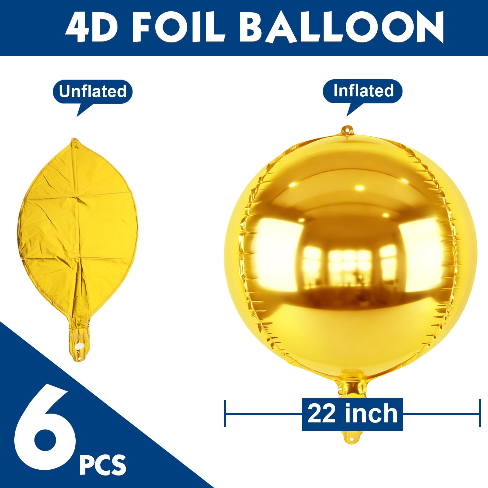 Metallic Gold Round Foil Balloons, 22" Large 4D Sphere Mylar Ball