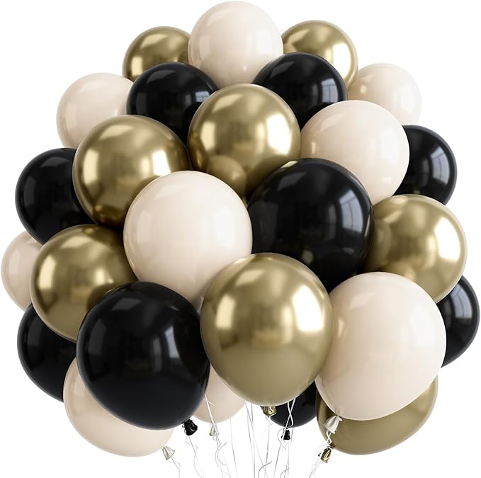 Black White and Gold Balloons, 50pcs 12Inch Black White Cream Beige