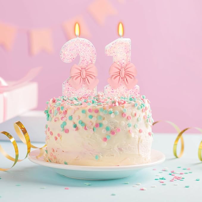 21st Birthday Candles for Cake, Pink Bow Number Cake Candles, 2.76