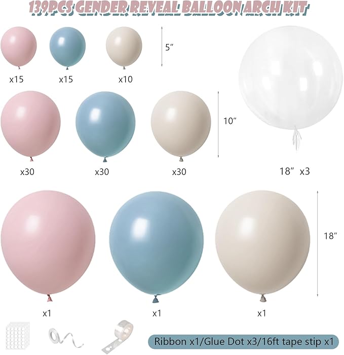 Gender Reveal Balloon Arch Kit 139Pcs Dusty Pink and Fog Blue